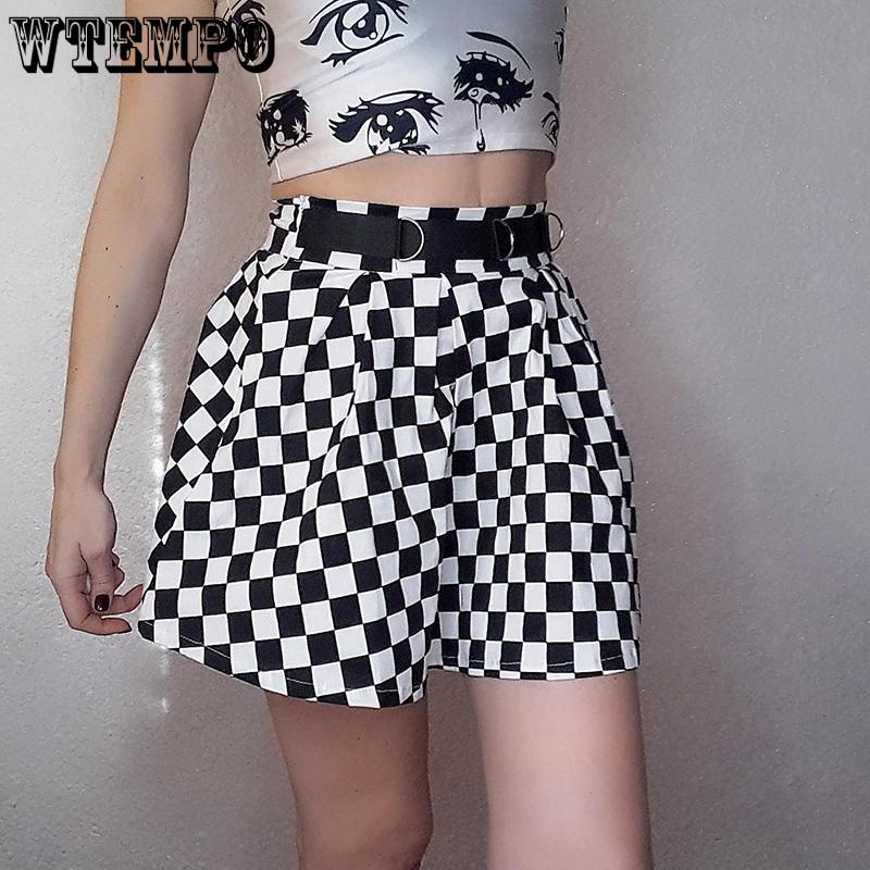 Womens Black and White Glazed Chain Checkerboard High Waist Skirt Streetwear Cotton Plaid Skirts Dancing Short Mini Skirts