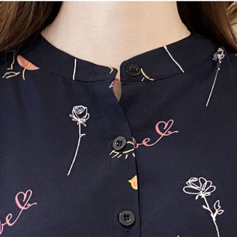 Women's Spring and Autumn Floral Dress Long Sleeve A-Line Stand Collar Mid-length Skirt Shirt Sleeve