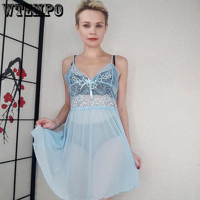 Nightdress Lace Mini Dress Lingerie Two Pieces Set Dress with Briefs Lace Perspective Sleepwear Spaghetti Strap Deep V Neck Homewear Mesh Lace Dress