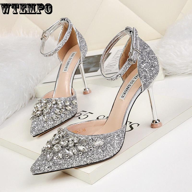 High Heels Ladies Gold Sequins Pointed Crystal Stiletto Bridal Wedding Shoes To Attend The Banquet