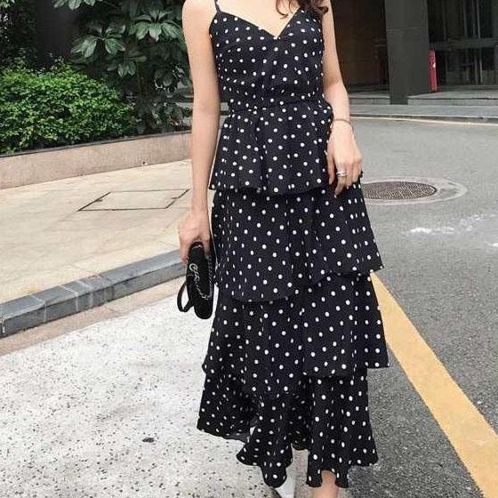 Women Summer Vintage Sleeveless Long Party Dress Elegant Slim Backless Dot Printed V-neck Cake Casual Dress