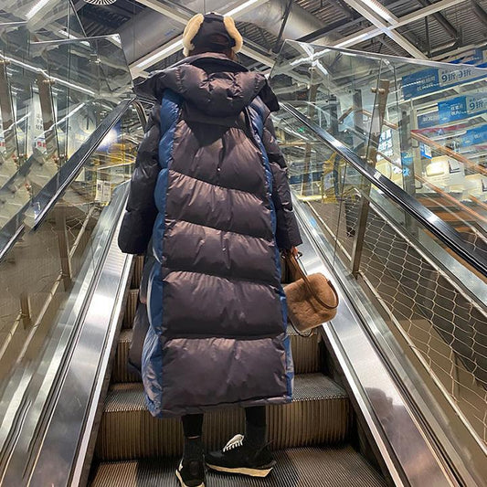 Women's Down Padded Jacket Mid-length Winter Clothes Double Color Matching Loose Padded Stand-up Collar Hooded Padded Jacket