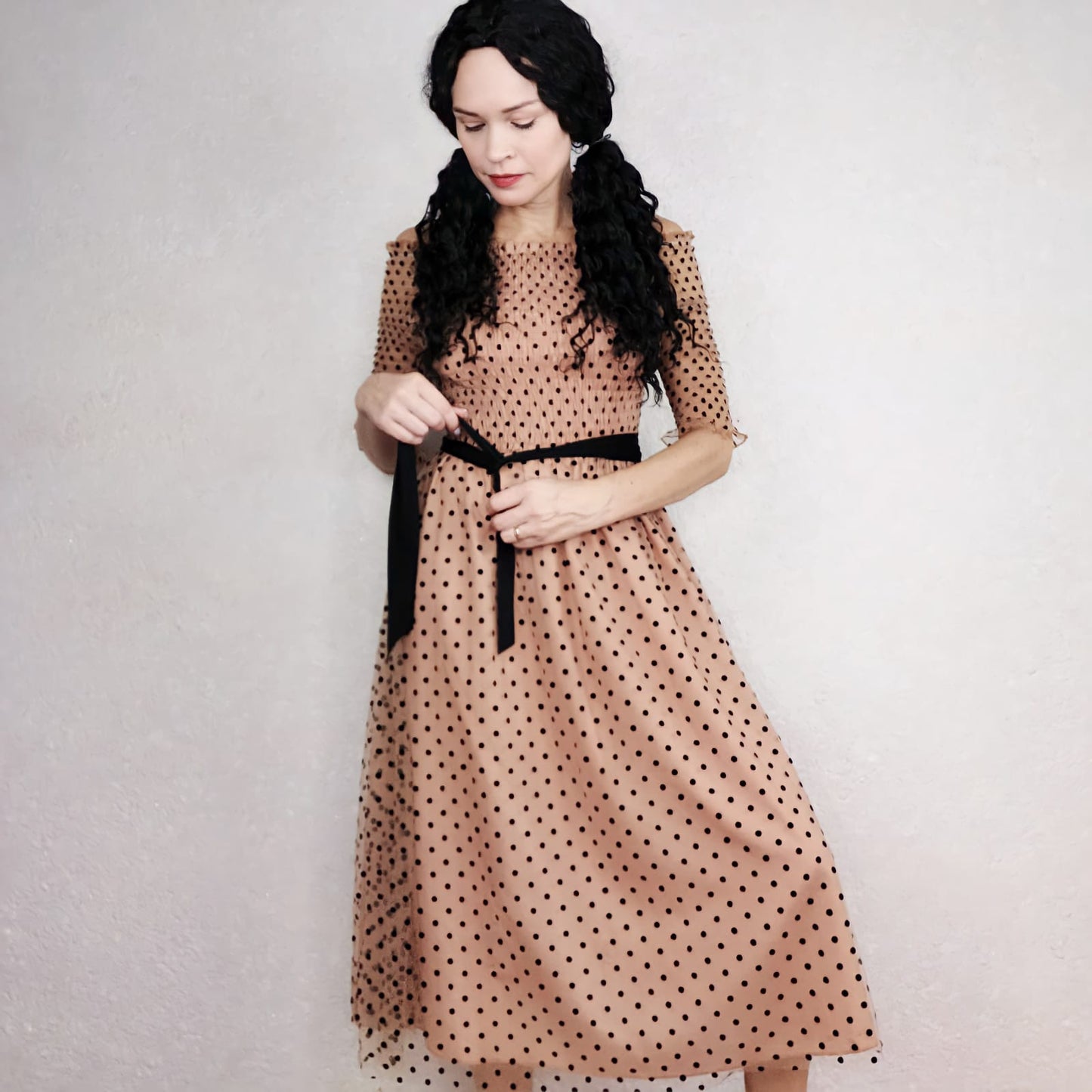 Women Sexy Off-shoulder Dress Spring Summer Women's Polka Dot Dress Five-point Sleeve Long Dress for Party