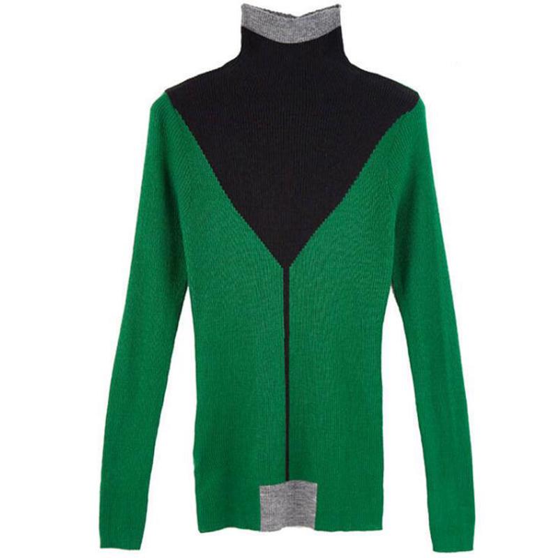 Pofulove Winter Women Knitted Turtleneck Sweater Jumper Slim contrast color Pullovers long sleeves