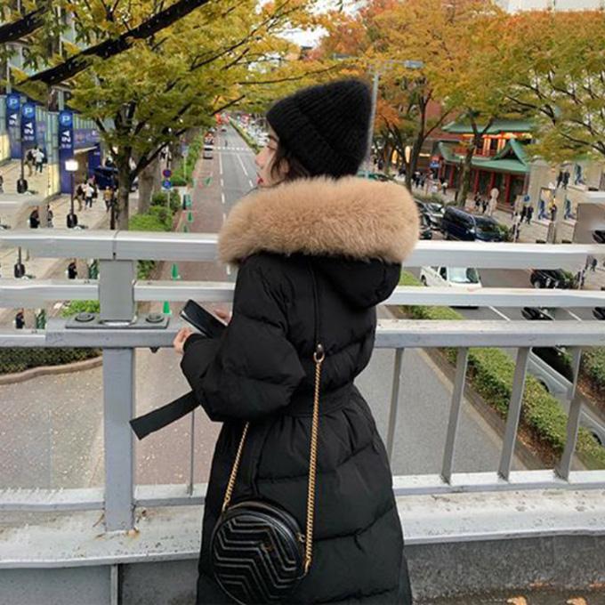Winter Fluffy Big Fur Collar Down Jacket Long Over-knee Warm Cotton Jacket with Stand-up Collar Hooded Long Cotton Jacket Winter Thick Warm Jacket