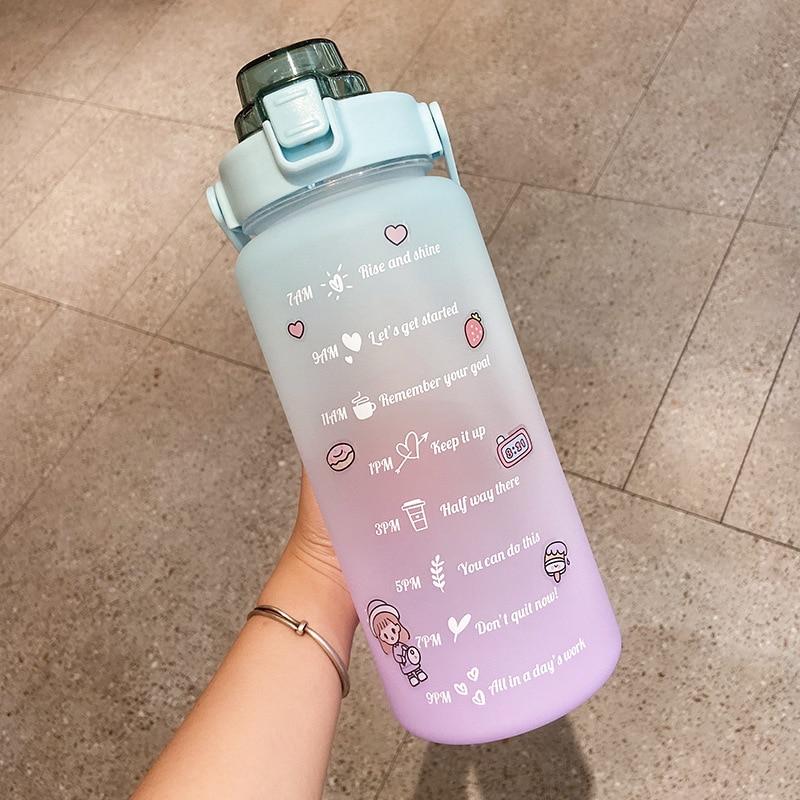2L Sports Straw Water Bottle with Stickers Portable Large Capacity Fitness Bike Cup Summer Ice Cold Water Jug