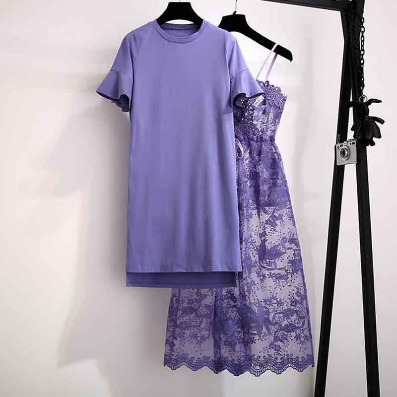 S-2XL Women Mesh Strap Dress+Medium Short Sleeve O-Neck T-shirt 2pcs Office Lady Dress Set