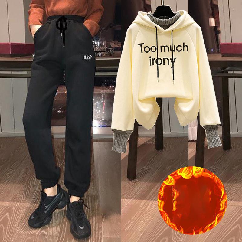 Women's Leisure Plus Velvet Thickening Suit Sports Pants Loose Feet + Leisure Hoodie Two-piece Loose Leisure Suit Comfortable and Warm