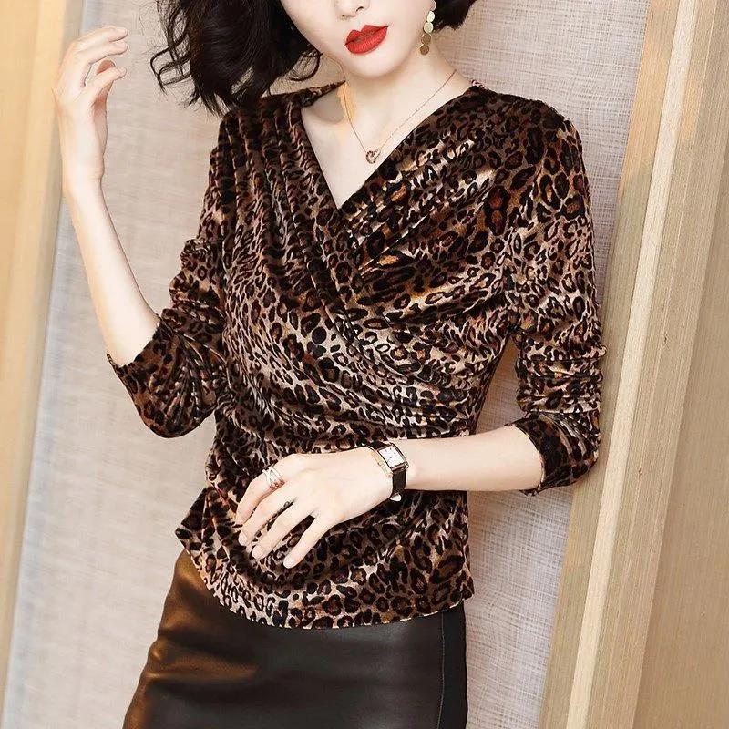 Women's Spring and Autumn V-Neck T-Shirt Leopard Print Large Size Loose Long Sleeve Top