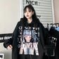 Punk Gothic Hoodies Black White Anime Printed Fashion Japanese Style Pullover Sweatshirts with Chain Girl Hip Hop Hipster Tops Fleece Thick Winter