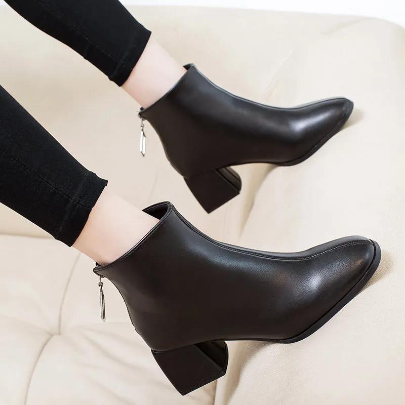 Women's Mid-heel Soft Leather Ankle Boots Chunky Heel Fashion Martin Boots All-match Plus Size Ladies Leather Boots