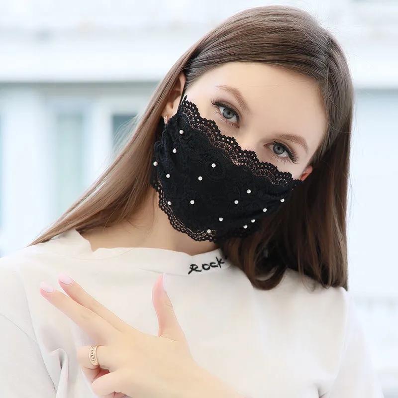 Women's Pearl Lace Masks Dustproof UV-proof Breathable Washable Thin Masks Adjustable Earloop Adult Windproof Facial Nose Face Mouse Masks