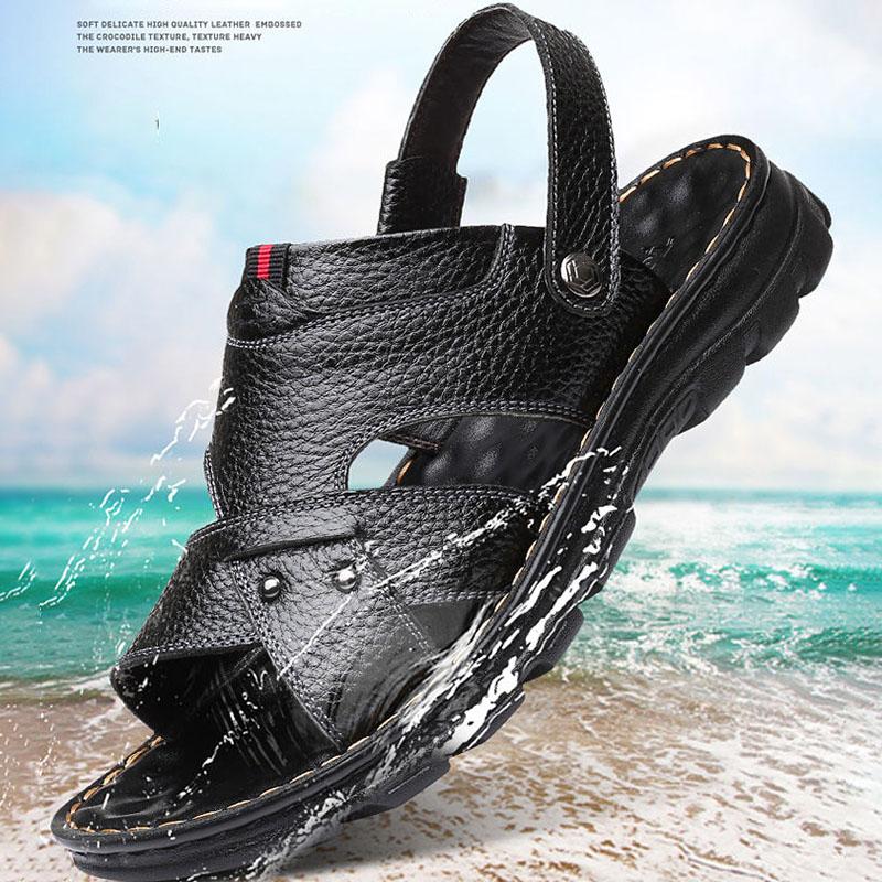 Men Leather Sandals Summer Classic Peep Toe Slippers Soft Sandals Men Roman Comfortable Outdoor Walking Footwear