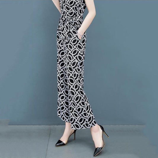 Women's Waist Suit Summer Cover The Flesh and Show Thin Sleeveless Temperament Shirt + Loose Wide-leg Pants Two-piece Set