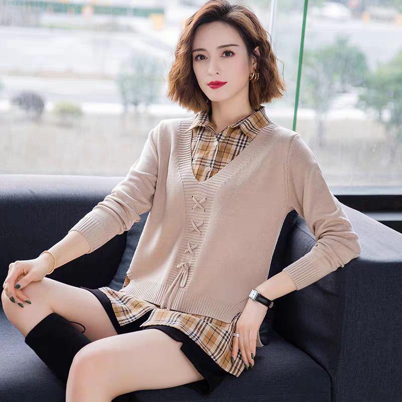 Autumn Winter Lapel Fake Two-piece Sweater Women Loose Pullover Sweater Outer Wear Plaid Stitching Knitted Sweater Top