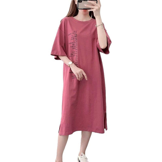 Cotton Simple Style Women's Summer Dress Short Sleeve Round Neck Solid Color Knee-length Daily Wear