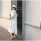 Elegant Chic Summer Drawstring V-Neck Women Pleated Retro Solid Short Sleeve Sexy Ladies Long Dress
