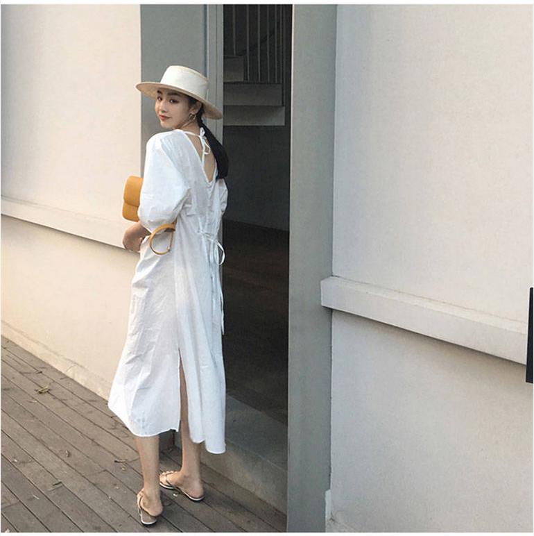 Elegant Chic Summer Drawstring V-Neck Women Pleated Retro Solid Short Sleeve Sexy Ladies Long Dress