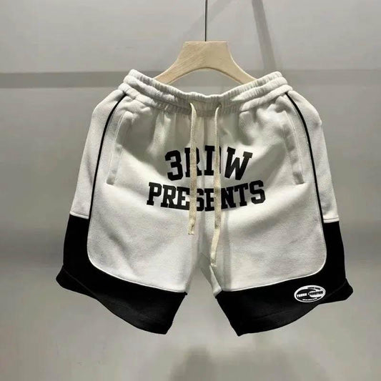 Summer Men's Alphabet Print Shorts Personality Knitted American Casual Stitching Contrast Color Sports Breathable Loose and Comfortable Shorts