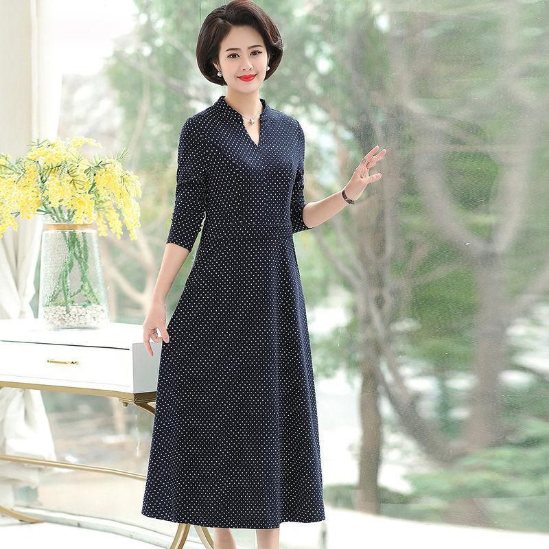 Middle-aged Elderly Women's Dresses Spring Summer Waist Long Dress Retro Printing Mid-length Plus Size Women's Clothing