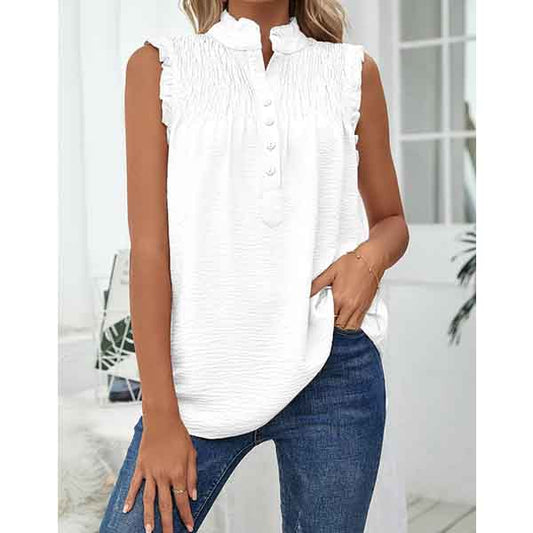 European and American Shirt Women's Sleeveless High Neck Button Frill Loose Casual Top