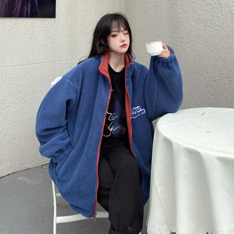 Two-sided Polar Fleece Jacket Winter Korean Version of The Loose High Collar Mid-length Embroidered Lamb Velvet Jacket Suitable for Young Women