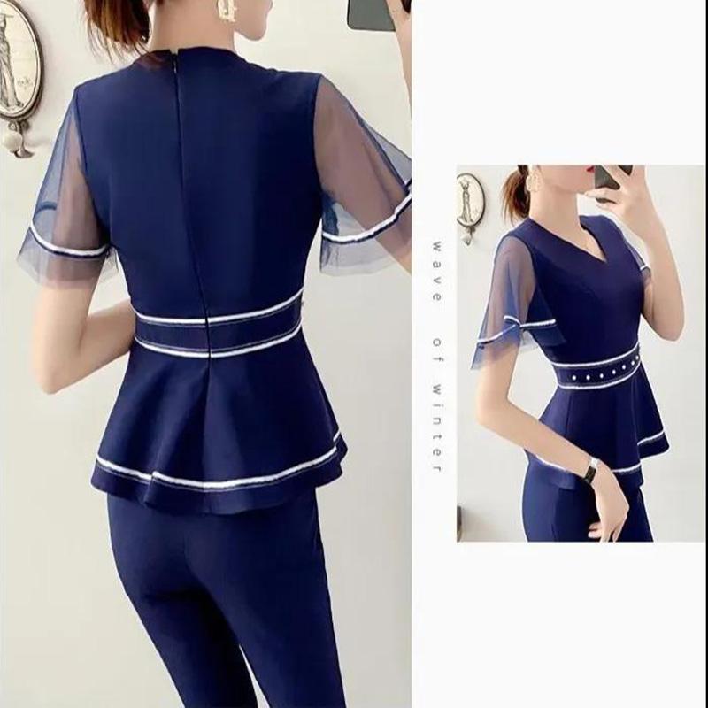 Professional Wear Temperament Goddess Fan Pants Two-piece Blue Waist Shirt + Loose Flared Pants Ladies Simple Suit