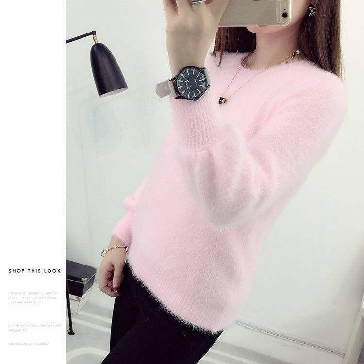 PofuLove Autumn and Winter Bottoming Shirt Mink Velvet Bow Sweater Women Hooded Loose Jacket Short