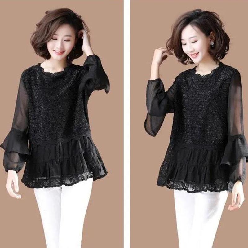 Ladies Long Sleeve Round Collar Hollow Out Flower Lace Patchwork TShirt All-match Women Blouse Chic Top Pullover