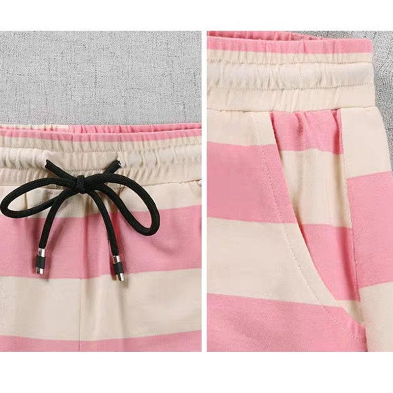 Cotton Striped Sports Suit Women Loose Round Neck Short Sleeve Tethered Shorts Two-piece Running Casual Wear Cute Home Wear Pajamas