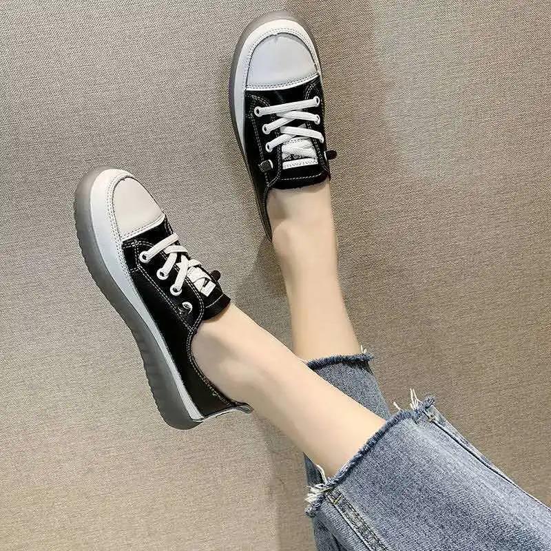 Leather Small White Shoes Female Korean Version One-step Flat-bottomed Casual Shoes Increase In Women's Shoes Xiao Zou Ju Shoes Spring
