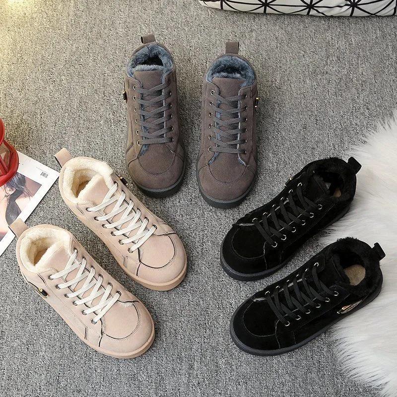 Winter Cotton Shoes Women Plus Velvet Warm Short Tube Laces Snow Boots Ankle Boots