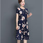 Plus Size XL-XXXXXL  Women Summer Mid-length Printed Mom A-line Skirt  Over-the-knee Dress Short Sleeve
