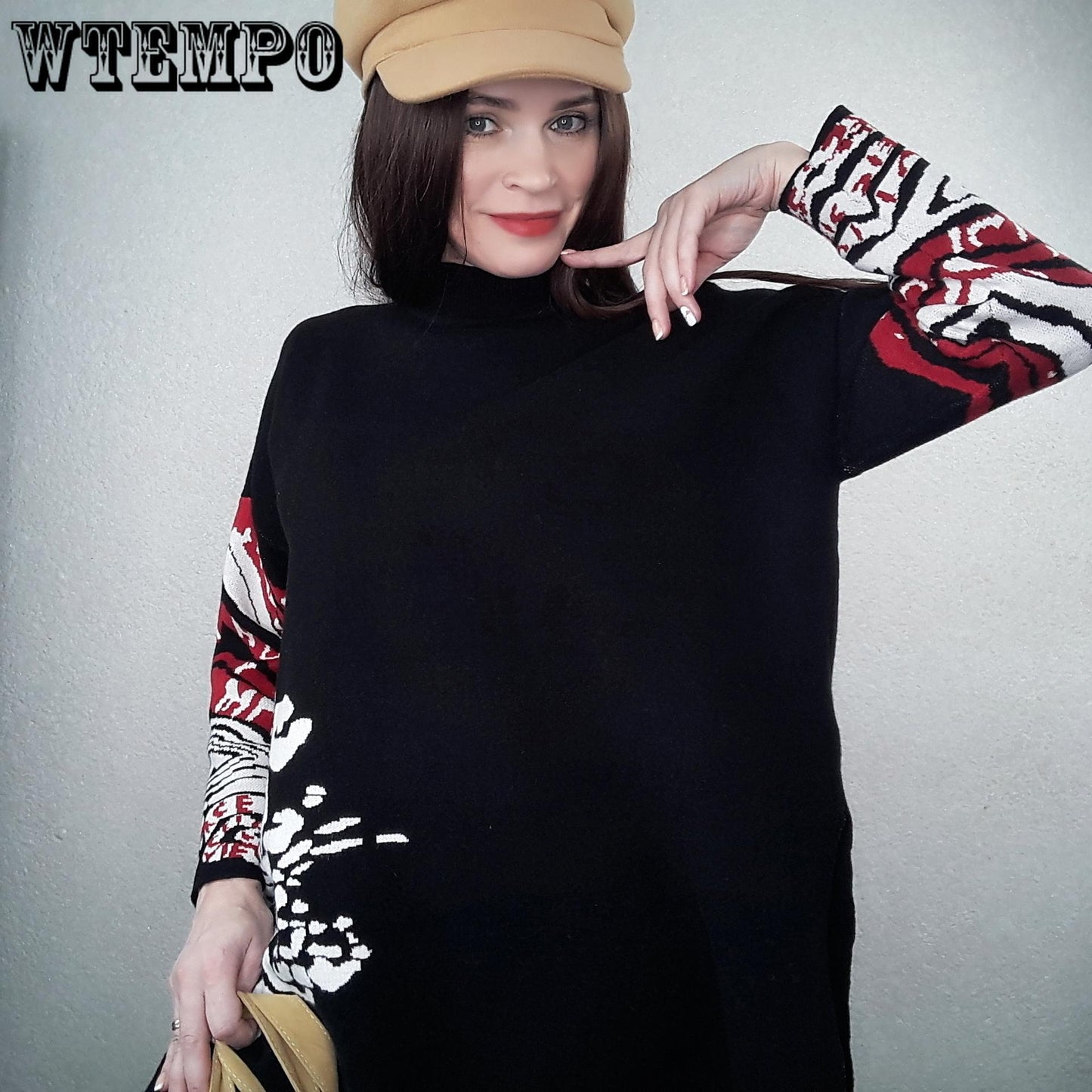 Women Vintage Printed Knitted Sweater Loose Bottoming Sweater Autumn Winter Plus Size Split Pullover Sweater