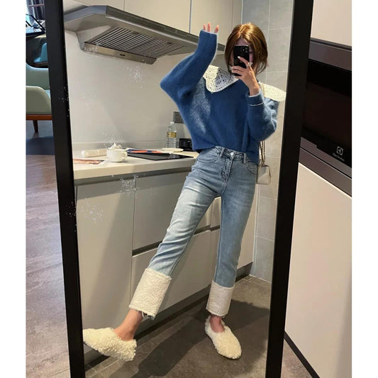 Plus Velvet Thickened Jeans Female Autumn and Winter Models Fashion High Waist Display Slim Pants Flap Stitching Nine Points Straight Pants