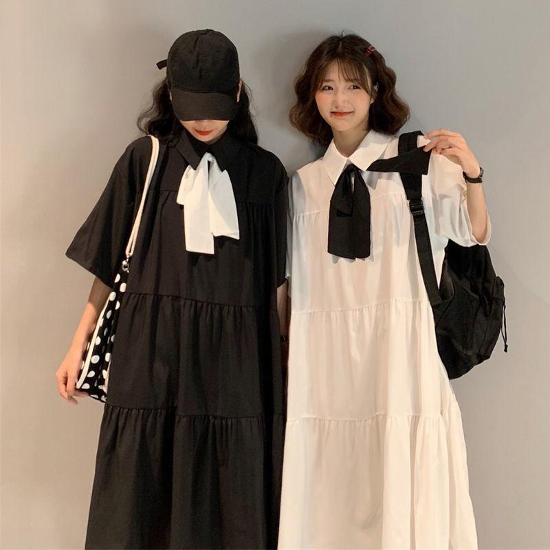 Cute Sweet Girl Bow Ruffle College Style Mid-length A-shaped Skirt Age Reduction Looser  Short Sleeve Dress