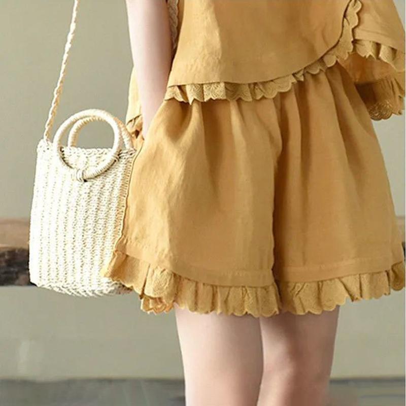Suit Women Imitation Cotton Linen T-shirt Short-sleeved Top Wide-leg Shorts Two-piece Loose Large Size Casual Suit Home Service