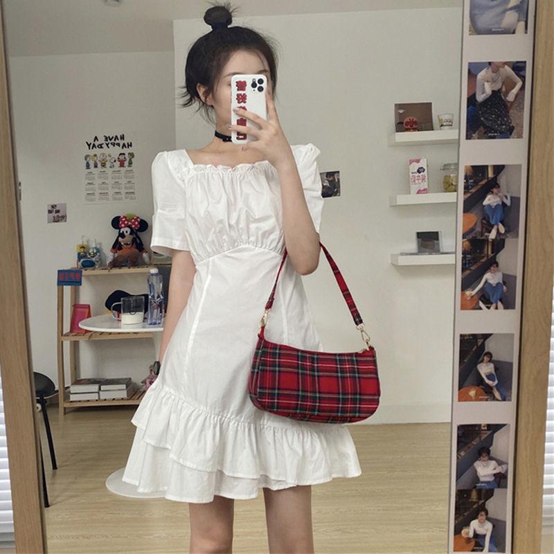 Women's Spring and Summer French Elegant Thin Irregular Square Collar Waist Slim Ruffle Dress