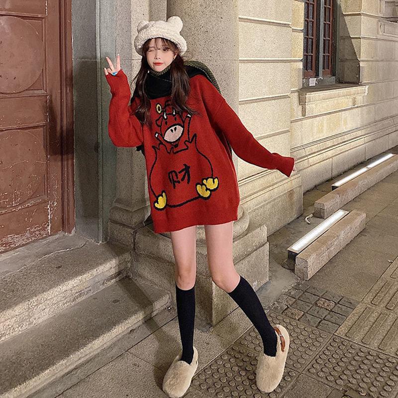 Outer Wear Printed Sweater Loose Casual Fashion Round Neck Long Sleeve Women All-match Red Knit Sweater Sweater Women Autumn Winter