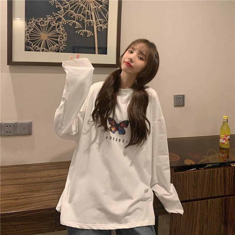 Women's Summer Tshirt Butterfly Print T-shirt Casual Loose Fall Long Sleeve Tee Top Pullover