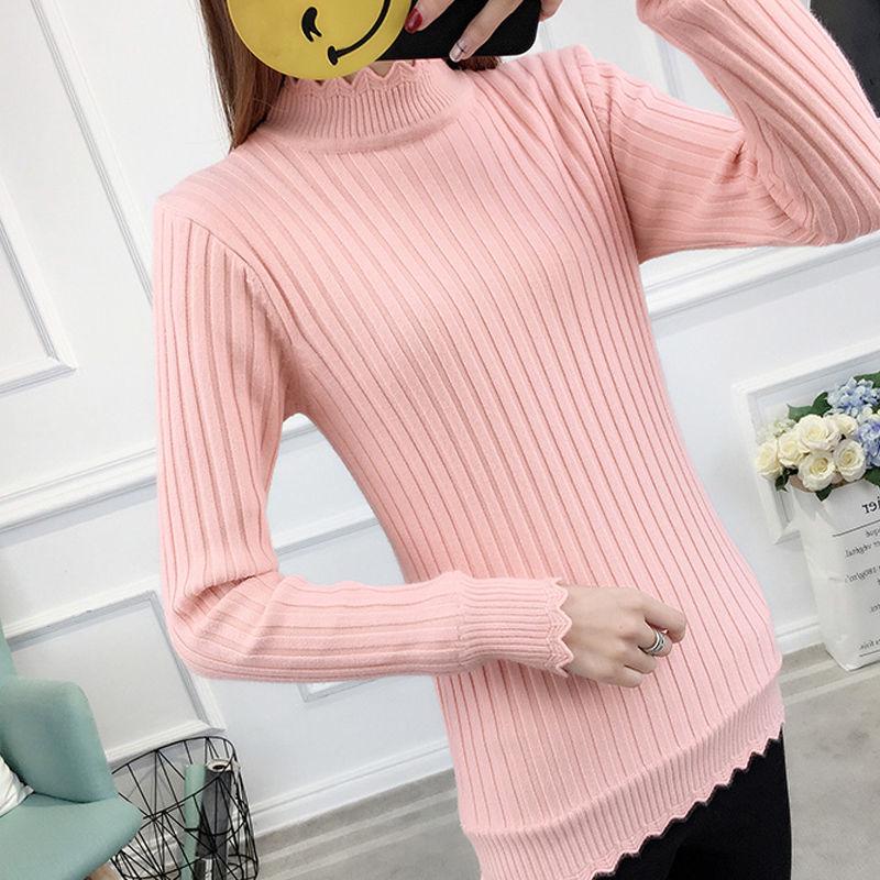 Women  Fleece Sweater Autumn and Winter Warm Knit Sweater Thick High Neck Pullover Sweater Stretch Slim Bottoming Shirt