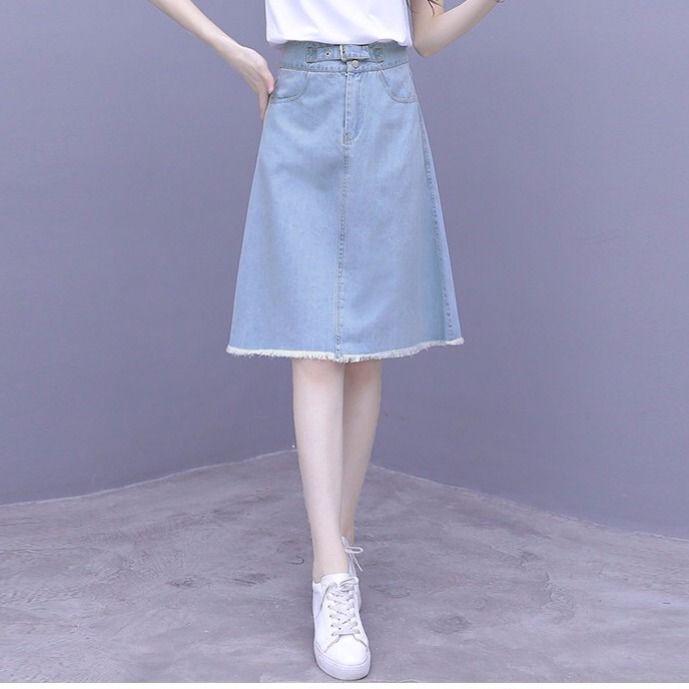 Summer Women Midi Denim Skirt Fashion Casual Tassel A-line Harajuku Female Light Blue Skirt Jeans Elegant Pocket Moda Mujer