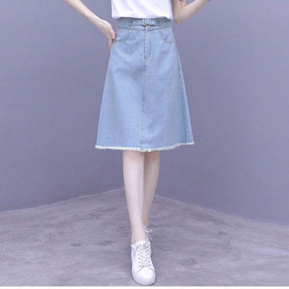 Summer Women Midi Denim Skirt Fashion Casual Tassel A-line Harajuku Female Light Blue Skirt Jeans Elegant Pocket Moda Mujer
