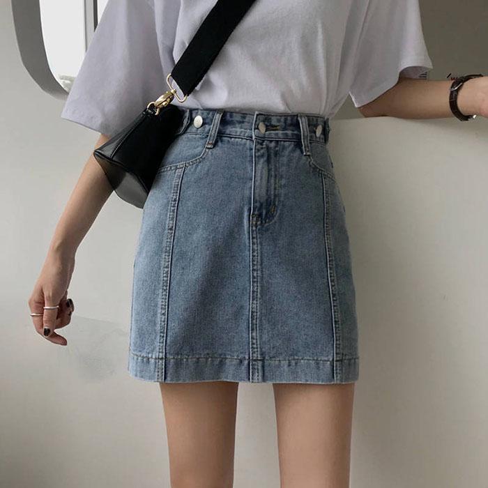 Pofulove Women Retro Anti-light Denim Skirt High Waist Slim Package Hip Skirt Mini A-line Skirts