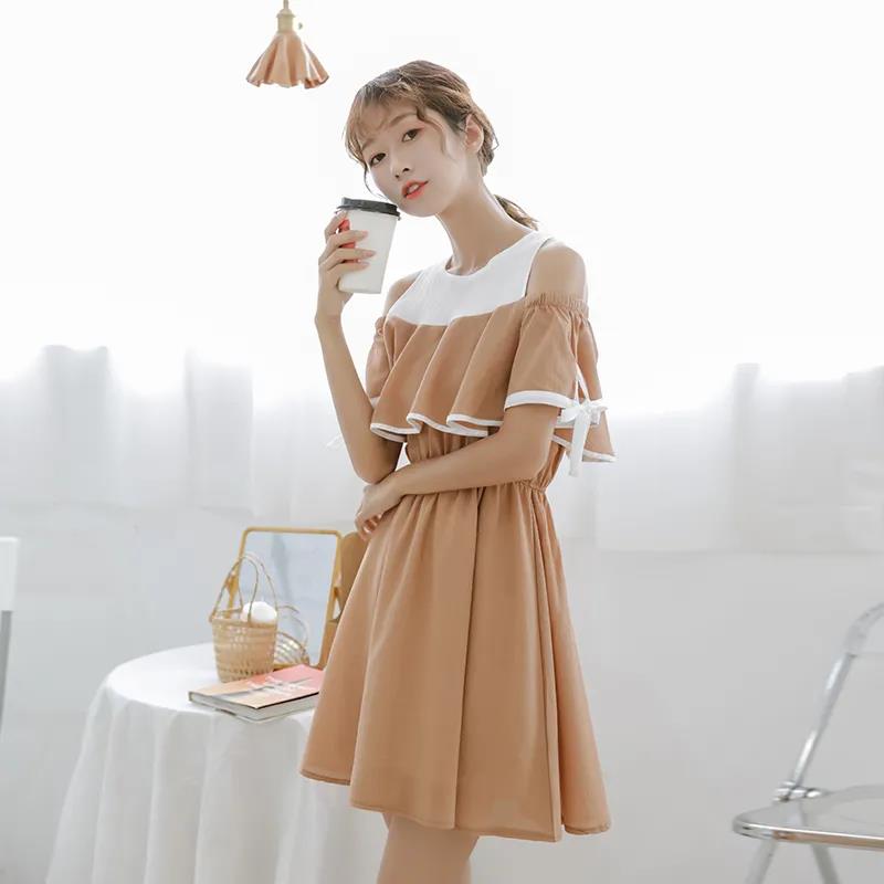 Ladies Off-shoulder Loose Mid-length Dress A-line Version Dress with Waist Slimming Ruffled Sweet and Cute Ladies Off-shoulder Dress