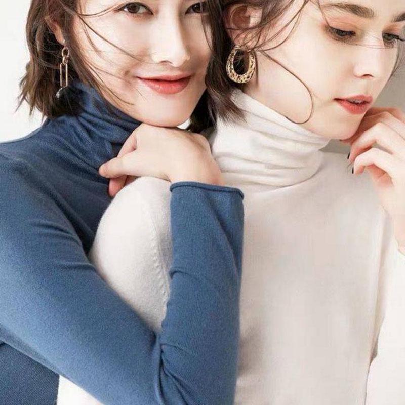 Pofulove Women Turtleneck Pullover Sweater warm loose soft Jumper Winter lady Knitted sweater pink