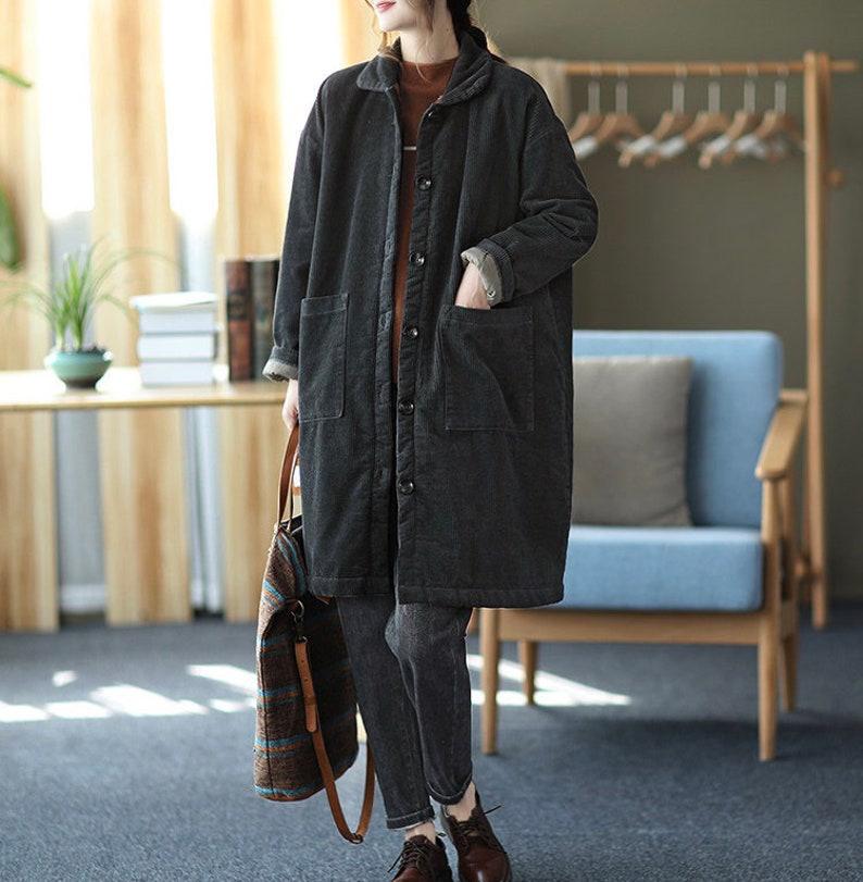 Winter Thick Corduroy Long Coat Mid-length Large Size Warm Jacket Ladies Corduroy Windbreaker Large Size Corduroy Handmade Trench Coat