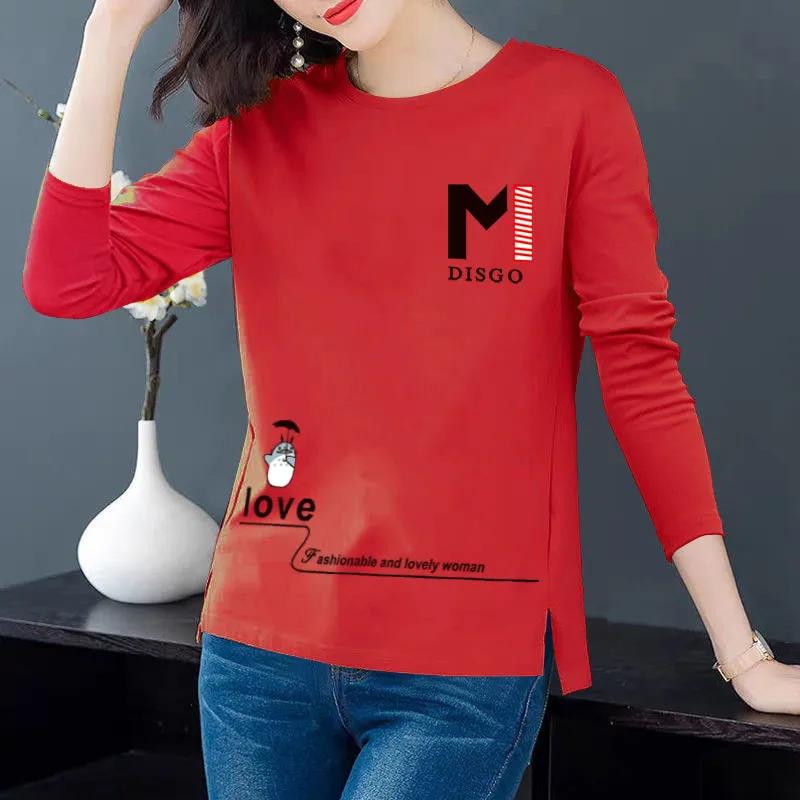 M Print Pullover Spring Women T-Shirt Long Sleeve Bottoming Shirt Casual Split Top
