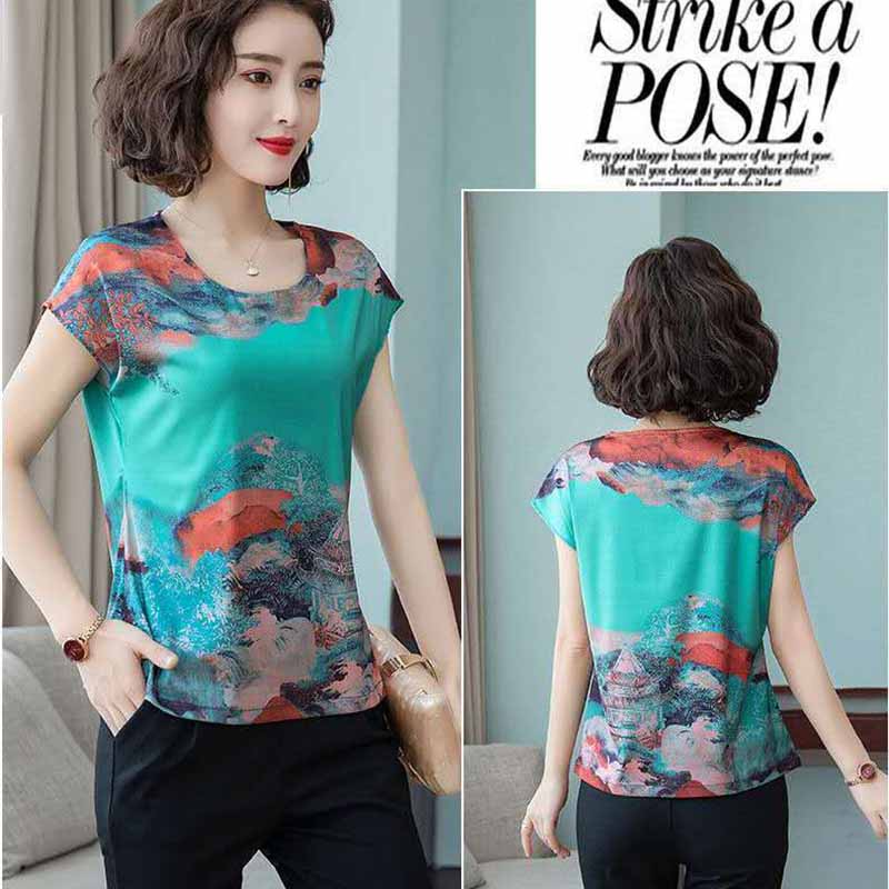 Ice Silk Blouse Women's Short-sleeved Large Size Loose Imitation Silk Small Shirt Summer New Age Reduction Printing T-shirt Women