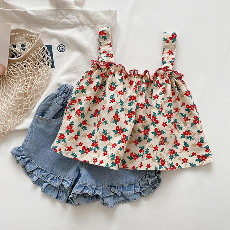 Girls' Suit Summer Fashion Girl Baby Korean Style Comfortable Western Style Sling Cute Shorts Two-piece Suit